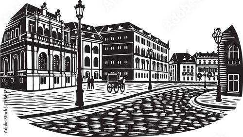 Historic European city street with old architecture and urban buildings