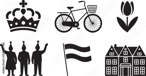 Netherlands crown tulip bicycle flag house party people vector icons for Dutch culture