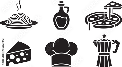 Italy pasta pizza olive oil cheese chef hat coffee maker vector icons for Italian cuisine