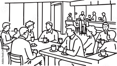 Humorous cartoon drawing of a group of funny business people working together in a meeting