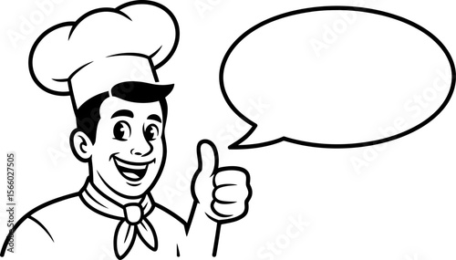 Chef cartoon character with thumbs up and speech bubble vector illustration for food industry use