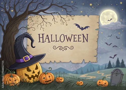 Whimsical halloween night scene with carved pumpkins a witch hat bats flying under a full moon and a spooky graveyard