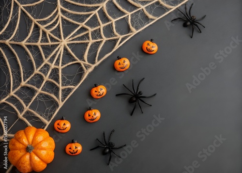 A festive halloween arrangement featuring a large pumpkin several carved jack o lanterns and black spiders on a textured dark background with a decorative spiderweb