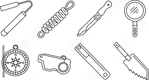 Survival camping tool icons knife rope compass saw multitool magnifier vector set for outdoor gear