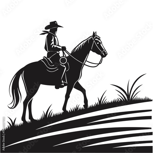 Cowboy Riding Horse Down Hillside Black Silhouette
