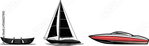 Boats illustration vector set featuring rowboat sailboat and speedboat for nautical theme design ideas