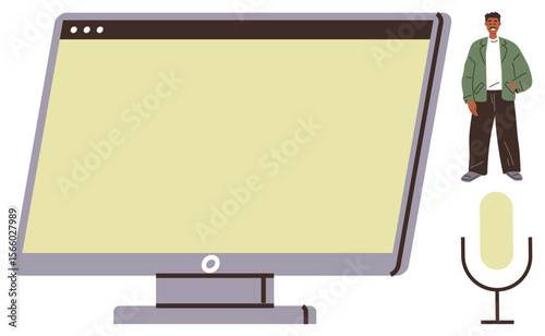 Modern desktop screen, microphone, and a person representing virtual meetings, online discussions, podcasts, and digital events. Ideal for technology, communication, remote work training