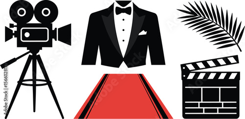 Film Festival Red Carpet Movie Camera Tuxedo Palm Clapper Icon Set for Cinema and Event Design