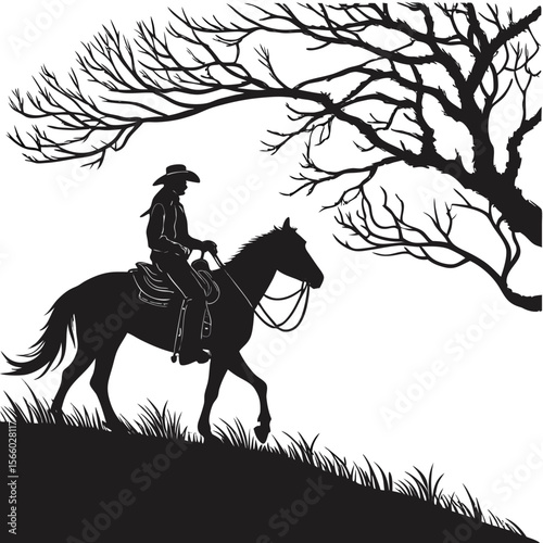 Cowboy Silhouette Riding Horse Under Bare Tree black