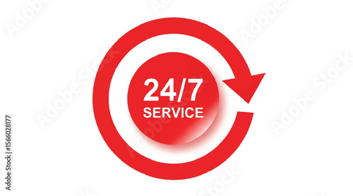24/7 Service sign in red circle with arrow on white background