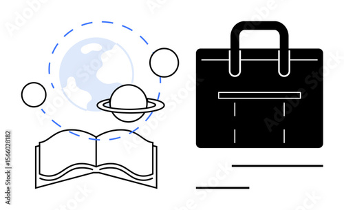 Open book with planetary system orbiting Earth beside a briefcase, representing learning, exploration, knowledge, career, ambition, professional growth, evolving goals. Ideal for education career