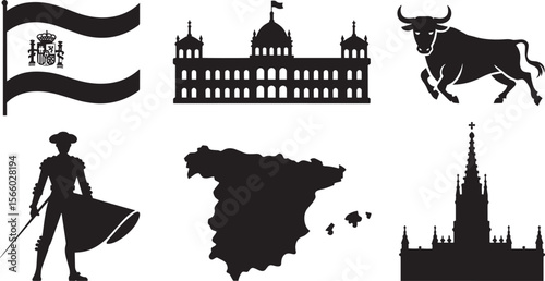 Spain Flag Bullfighter Map Palace Cathedral Icon Set for Spanish Culture and Landmark Design