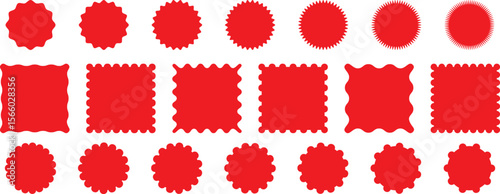 Red starburst sticker set. Special offer price tag. Price sticker, sale sticker, starburst, quality mark, retro silhouette. Sunburst retro sale badge, quality signs, sale icons. Zig zag Wavy Edge,