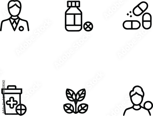 Doctor and Natural Medicine Line Icons