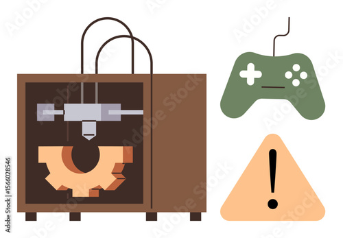 3D printer crafting gear alongside game controller and warning alert icon. Ideal for innovation, automation, gaming, manufacturing challenges, technology risks, engineering precision, future tech