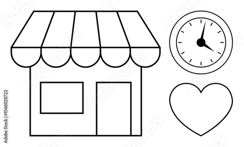 Small storefront with striped awning, analog clock symbolizing time, and heart for care or love. Ideal for business, retail, customer service, shop hours, time management, small businesses loyalty