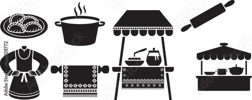 Pierogi Pot Apron Rolling Pin Towel Food Market Icon Set for Eastern European Cuisine and Culture