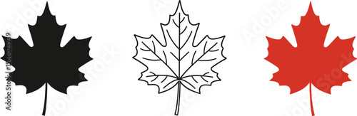 Maple leaf vector illustration set black outline red autumn leaves canada symbol fall season graphic design 100