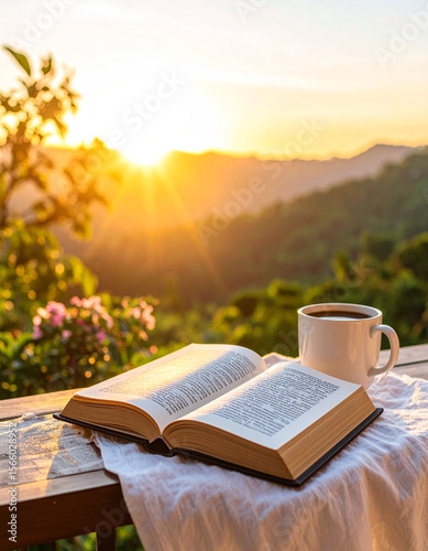 A cozy book and coffee setup on a balcony during sunset