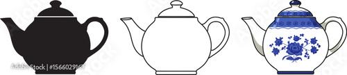 Three teapots in different styles black silhouette outline and blue floral design vector illustration