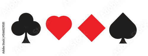 Playing Card Suit Icons Vector – Club, Heart, Diamond, Spade Symbols – Flat Style Casino, Poker, and Gambling Elements for Games, Apps, Print Design, and Entertainment Graphics

