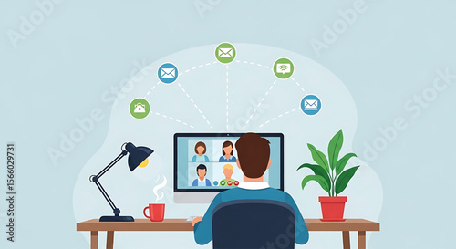 Man in Blue Shirt Participating in a Video Conference Call on Computer
