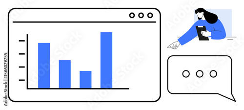 Bar chart on digital interface with woman pointing and holding a tablet, conversational speech bubble. Ideal for analytics, teamwork, presentations, communication, business growth, education, simple