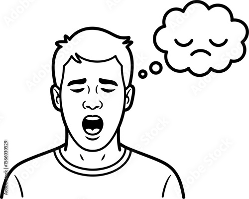 Illustration of sad man yawning with thought bubble for depression and mental health awareness concept art