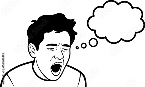 Illustration of tired man yawning with thought bubble for graphic design and creative projects use case