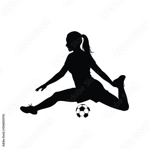 Silhouette of female soccer player stretching with soccer ball on white background