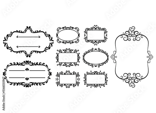 Ornamental label frames. Old ornate labels, decorative vintage frame and retro badge. Royal wedding insignia, sale sticker or invitation card. Isolated vector symbols set