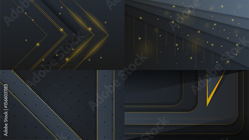 Set Abstract Collection Dark Black Gold Material Modern Background With Golden Lines Stripes Shadows Backdrop Wallpaper Decoration Vector Design Style