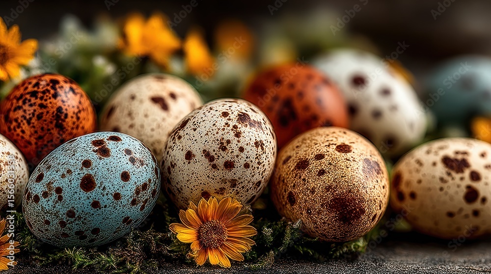 Obraz premium Colorful speckled eggs on moss