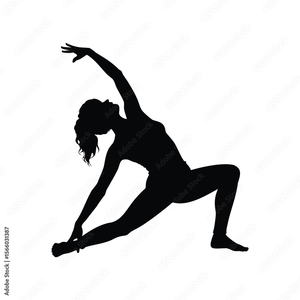 Fototapeta premium Silhouette of a woman in a yoga pose, extended side angle pose