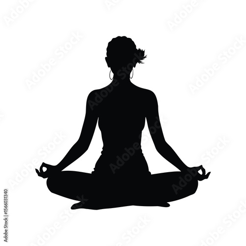 Black Silhouette of Woman in Lotus Position Practicing Meditation and Yoga