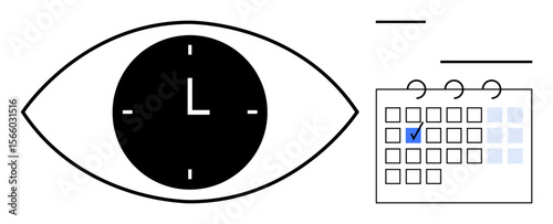 Eye-shaped clock symbolizing focus on time with adjacent calendar featuring selected date. Ideal for scheduling, productivity, time tracking, planning, focus, organization, flat simple metaphor