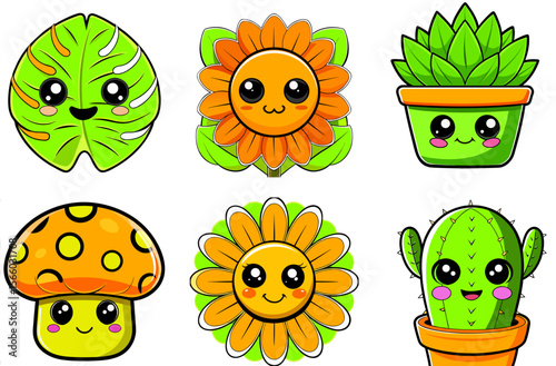 Cute cartoon plants and flowers with smiling faces in bright colors  