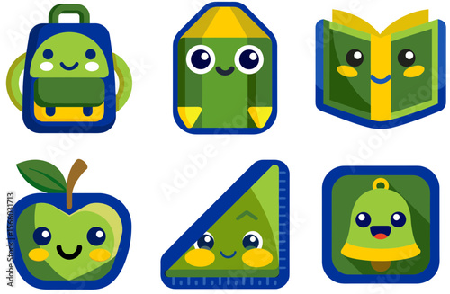 Cute school supplies icons with smiling faces on colorful background  