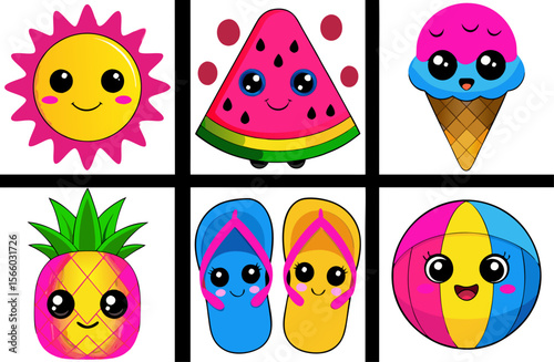 Cute summer icons featuring sun, fruit, ice cream, and beach items  