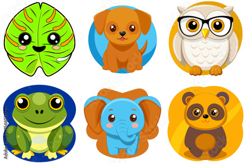 Cute cartoon animals including dog, frog, elephant, and owl  