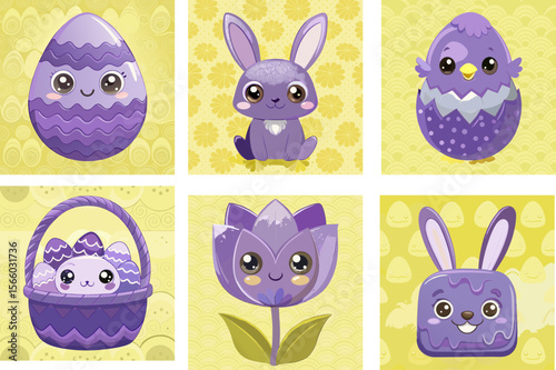 Easter motives. Cute purple Easter icons featuring bunny, egg, basket, and flower  