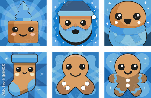 NY motives. Cute Christmas characters including Santa, gingerbread, and tree  