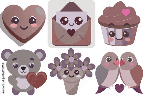 Valentine's Day Motives. Cute love-themed icons with hearts, animals, and flowers for romance  