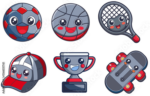 Cartoon sports equipment icons with smiling faces and cheerful expressions  