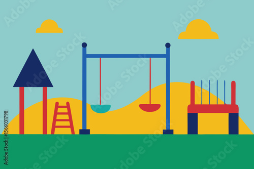 A Fun Playground Scene With Simple Swings Slides And A Sandbox For Kids To Play In