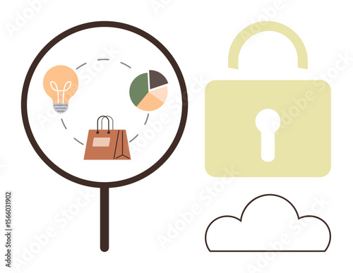 Magnifying glass highlights lightbulb, shopping bag, pie chart, adjacent to lock and cloud. Ideal for cybersecurity, data privacy, innovation, e-commerce analysis encryption secure sharing. Simple