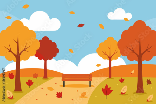 An Autumn Park Scene With Colorful Falling Leaves And A Peaceful And Calm Atmosphere