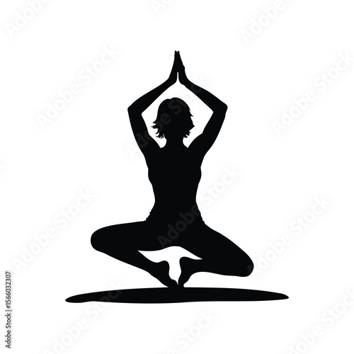 Silhouette of a woman doing yoga, meditating with hands above head.