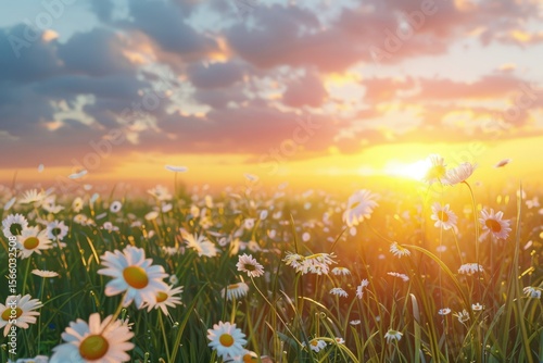 Premium Quality Picture of Tranquil Sunset Over a Field of Wild Daisies with a Beautiful Sky
