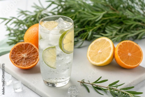 A glass of water with ice cubes and slices of oranges and limes